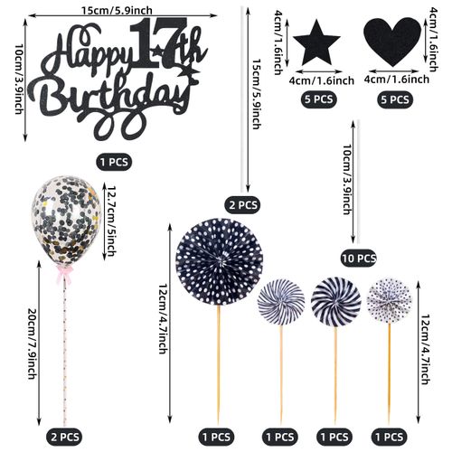 Happy 17th Birthday Cake Decoration, 17 Years Boy, Girl Cake Decoration 17th Birthday Black Cake Decoration, 17th Birthday Boy Cake Decoration, Black with Heart Star Balloon Glitter Cake Topper for 17th Birthday
