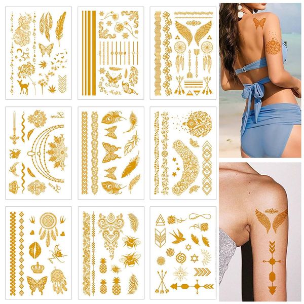 YPYMOD 9 Blätter Metallic Temporäres Tattoo, Flash Tattoos Gold Temporäre Tattoos Aufkleben Damen Flash Glitzer Goldene, Gold Glitter Sticker Tattoos Erwachsene, Frauen