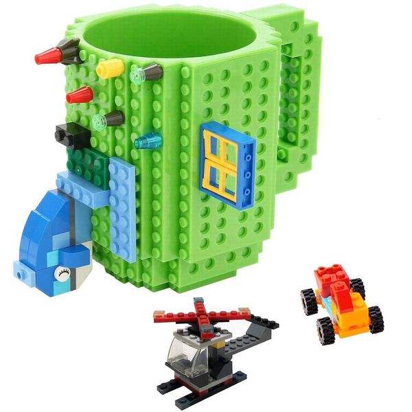 Tmango Build-on Brick Mug with 3 Pack of Character Blocks, DIY Building Blocks Coffee Mug, Puzzle Cup for Creative Kids, Men or Women Xmas Birthday Gift (Green)