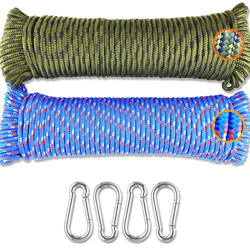 Wellmax Diamond Braided Polypropylene Rope with Uv Treatment and Weather Resistant, 2 Pack 3/16 Inch X 100ft Multi-Color with 4 Bonus Spring Links