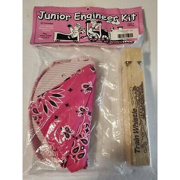 Pink Junior Train Engineer Kit Engineer's Cap, Bandana, Wooden Train Whistle NOS