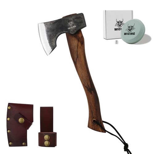 WICING 13.5 Inch Hatchet, Camping Axes and Hatchets 1055 Carbon Steel and Beech Handle, Survival Hatchet with Leather Sheath