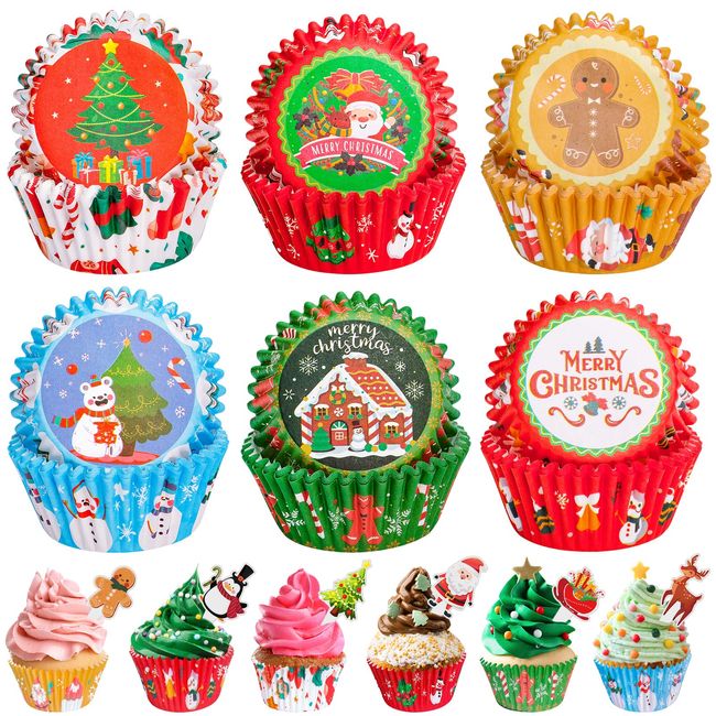 Christmas Cupcake Liners with Toppers Picks, Standard Wrappers Cupcake Disposable Baking Cups Muffin Liners for Xmas Holiday Party Favors, Party Decorations for Christmas Baking Supplies