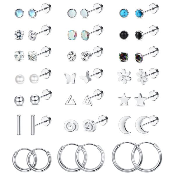 LOLIAS 21Pairs Small Flat Back Stud Earrings for Women Men Hypoallergenic Silver Gold Plated Surgical Steel Stud Earrings 20G Screw Back Flatback Earrings for Cartilage Ears,Silver