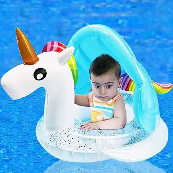 Arcimatto Baby Swimming Pool Floats with Removable Sun Protection Canopy, Cute Inflatable Raft with Seat and Handle, No Flip Over Kids Infants Boat Swim Ring for Toddler 4-48 Months (Glitter Flamingo)