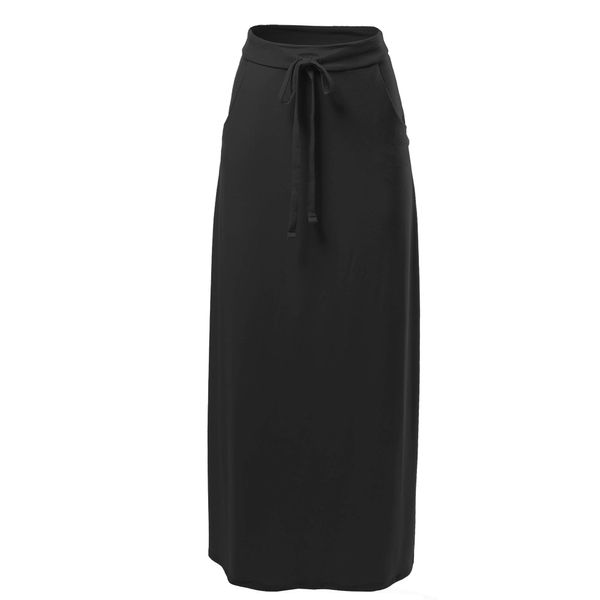 A2Y Drawstring Waist Side Pockets Rayon Maxi Skirt Black L