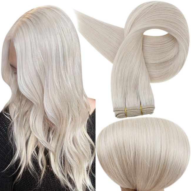 Full Shine Sew in Human Hair Extensions 18 Inch Human Hair Weft Color 1000 White Blonde Bundle Weft Hair Extensions Remy Human Hair Bundles Weave Hair 100 Grams Hair Wefts Human Hair