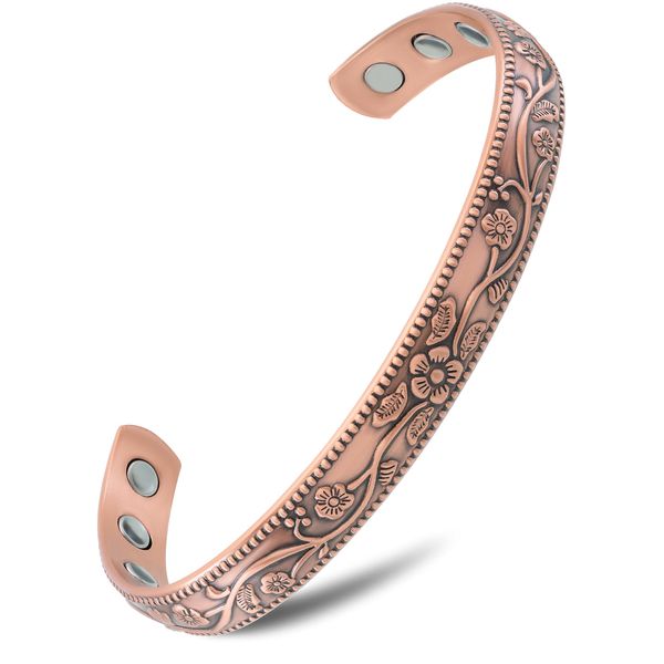 MagnetRX® Women's Copper Bracelet – Effective 99.9% Pure Copper Magnetic Bracelets for Women – Adjustable Womens Copper Cuff Bracelet Bangle (Floral Style)