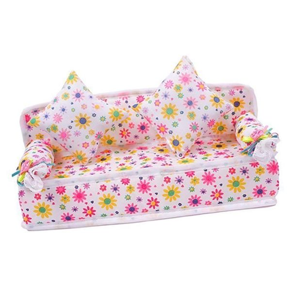 Mini Flower Sofa Couch +2 Cushions For Doll House Accessories