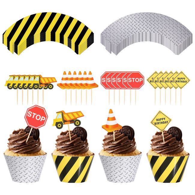 PHOGARY 24pack Construction Cupcake Toppers and Wrappers, 24-Piece Construction Zone Cupcake Baking Supplies, Kids Birthday Party Favors for Cake and Muffin Decorations