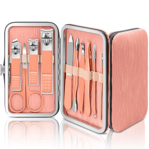 BLESWIN Nail Care Kit, 10 in 1 Manicure Set Professional, Manicure & Pedicure Tools & Accessories, Travel Manicure Set for Women Men, Nail Grooming Kit with Rose Gold Leather Case Beauty Salon Set