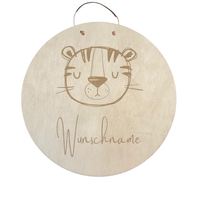 16 cm Ø Namensschild Türschild Holzschild mit Motiv Tiger | Personalisiert mit Name | Tiermotiv Tier aus Holz | Geschenkidee zur Geburt | Kinderzimmer u. Wand mit Lederband (Tiger, 16 cm)