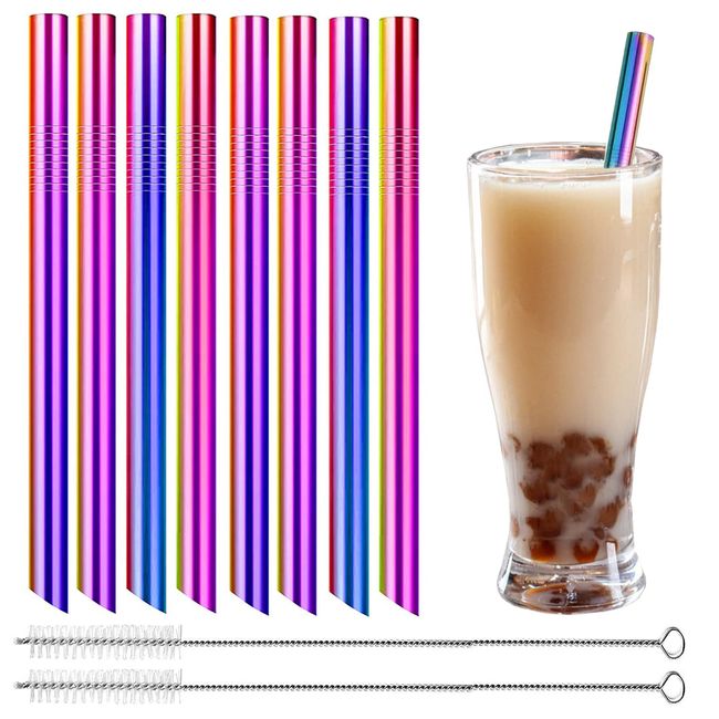 Bubble Tea Strohhalme - Strohhalme Edelstahl Wiederverwendbar 12mm Extra Breite (8 Stück),Trinkhalme Set mit 2 Reinigungsbürsten, Ideal Für Smoothie,Saft,Kaffee (Regenbogenfarben)