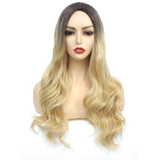 SHINYSHOW Body Wave Blonde Wigs 2 Tone Ombre Wigs With Dark Roots Synthetic Heat Resistant Ash Blonde Wigs For Women