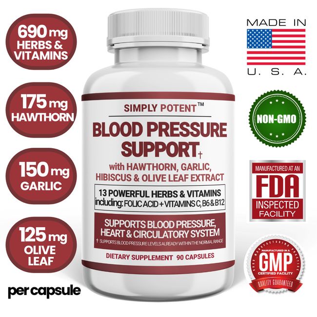 Blood Pressure Support, High BP Supplement with 13 Vitamins & Herbs - 90 Capsule