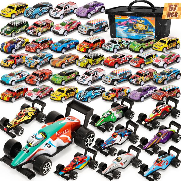 SevenQ Party Favors Toy Cars for Boys with Storage Box, 67Pcs Pull Back Cars F1 Race Cars Bulk, Treasure Box Toys for Classroom Goodie Bag Stocking Stuffers for Kids Toddler Vehicles Mini Fidget Toys