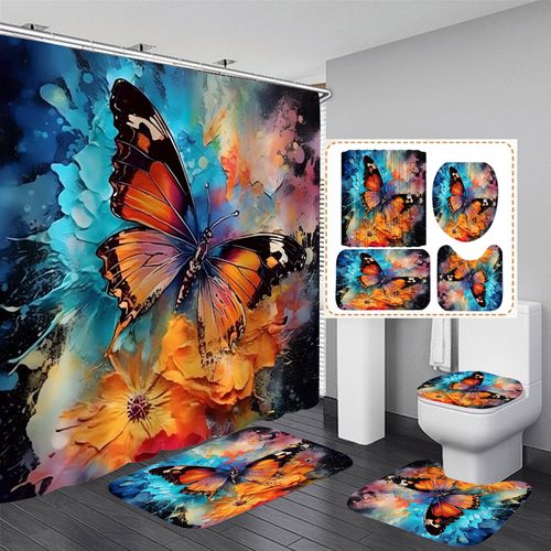 Pretyw 4 Pcs Flower Butterfly Shower Curtain Set with Non-Slip Rug, Toilet Lid Cover and Mat, Colorful Butterfly Shower Curtain with 12 Hooks,Waterproof Fabric Bath Curtain for Bathroom Decor