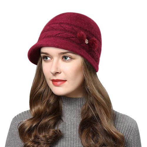 Wantonfy Women's Knitted Beret Beanie Winter Hat Peaked Cap for Winter Warm Hat, wine red