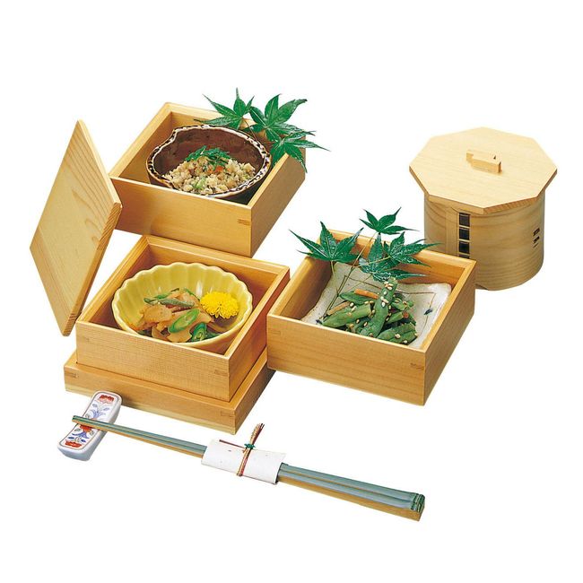 yamako- Wood 和美, Positive Square Food Box Three Tier Set with Lid, 27069