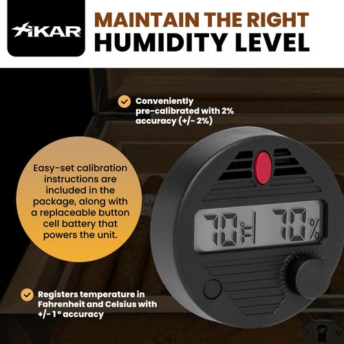 HygroSet II Round Adjustable Digital Hygrometer for Humidors with Easy Calibration & 10 Second Refresh Rate | Precision Temperature & Humidity Monitoring for Enthusiasts - Battery Included