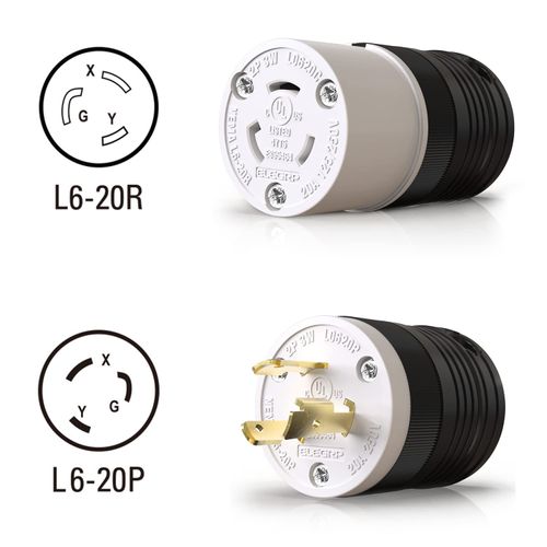 ELEGRP NEMA L6-20R Locking Connector, Generator Twist Lock Adapter Connector, 20 Amp 250V 2 Pole 3 Wire Grounding, Industrial Grade Heavy Duty, UL Listed (1 Pack, Black/White)