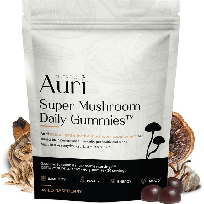 Auri Super Mushroom Daily Gummies, Chaga, Lions Mane, Reishi, Cordyceps-60 Gummy