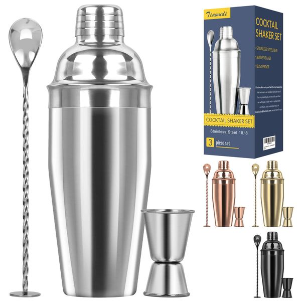 Large 24oz Cocktail Shaker Set, Stainless Steel 18/8 Martini Mixer Shaker with Built-in Strainer, Measuring Jigger & Mixing Spoon, Professional Martini Shaker Set, Perfect for Bartender and Home Use