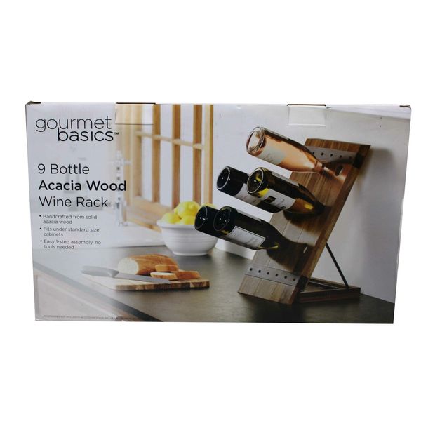 Gourmet Basics 9 Bottle Acacia Wood Wine Rack with Black Wire