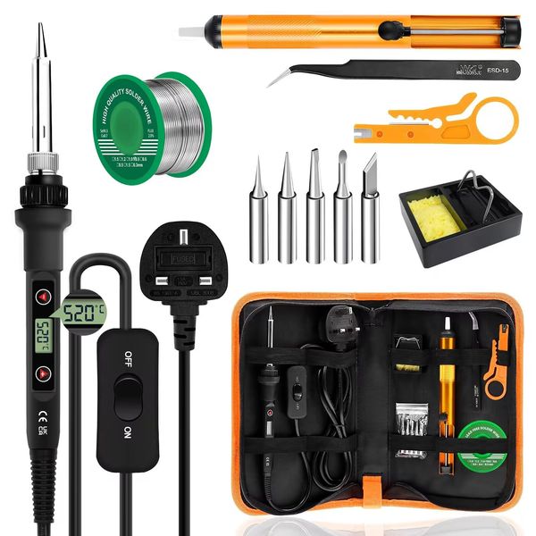 Soldering Iron Kit 80W LCD Adjustable Temperature 180-520°C Electric Welding Tool ON/Off Switch, 50g Solder Wire, 5 Soldering Tips, Desoldering Pump, Wire Stripper Cutter, Stand, Tweezers,Tool Case