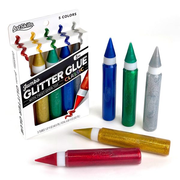 ArtSkills Puffy Jumbo Rainbow Glitter Glue Pens, 5 Pack, Classic, 5 Count