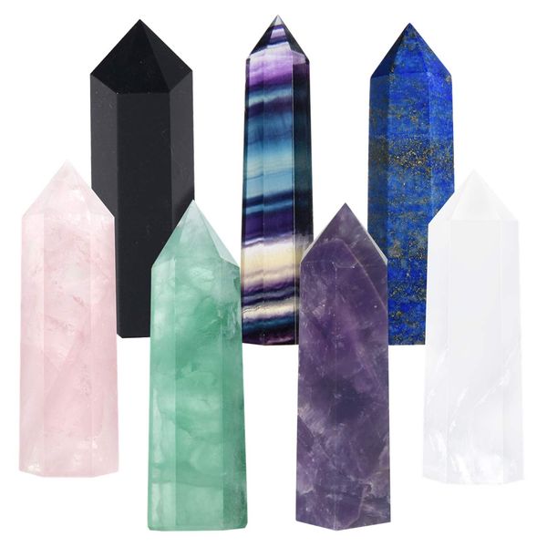 Luckeeper 7 PCS Healing Crystal Wands | 2" Amethyst, Rose Quartz,Clear Quartz,Black Obsidian,Green Fluorite, Lapis Lazuli,Rainbow Fluorite| 6 Faceted Reiki Chakra Meditation Therapy