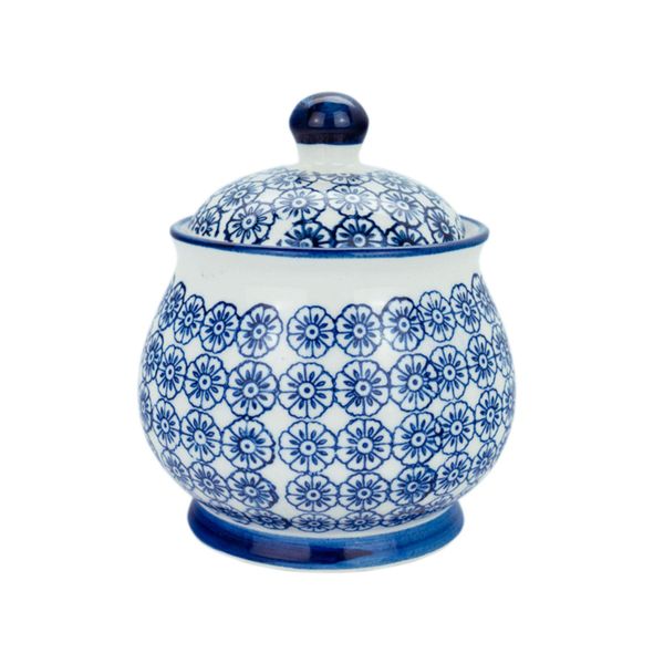 Nicola Spring Patterned Sugar Bowl with Lid - Navy - Pack of 1 - Porcelain Hand Printed Sugar Pot China Kitchen Salt Jar Seasoning Spice Storage Container