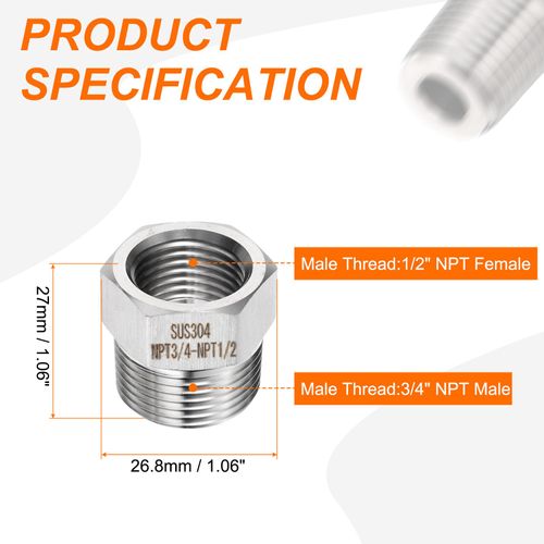 HARFINGTON 2pcs Stainless Steel Pipe Fitting 1/2" NPT Female x 3/4" NPT Male Reducer Hex Bushing Pipe Adapter Fittings Reducing Cast Pipe Connector for Water Oil Gas Tub