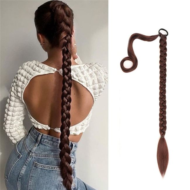 32 inch DIY Braided Ponytail Extension with Hair Tie, Long Straight Wrap Around Ponytail Hair Extensions Soft Synthetic Pony Tail Hairpieces for Women Girls Darkest Brown mix with Dark Auburn Brown