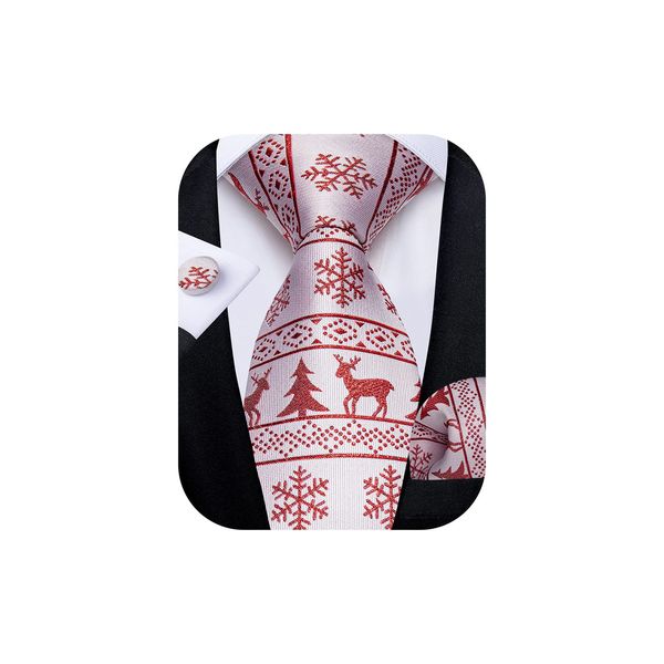 DiBanGu Herren Weihnachts-Krawatten-Set, festliches Muster, Krawatte, Einstecktuch, Manschettenknöpfe, Set für Weihnachten, Party, Urlaub, mit Geschenkbox, Roter Weihnachtselch, Einheitsgröße