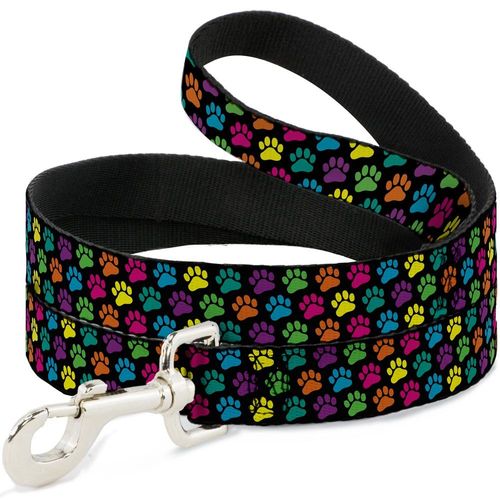 Buckle-Down Pet Leash - Paw Print Black/Multi Color - 4 Feet Long - 1" Wide