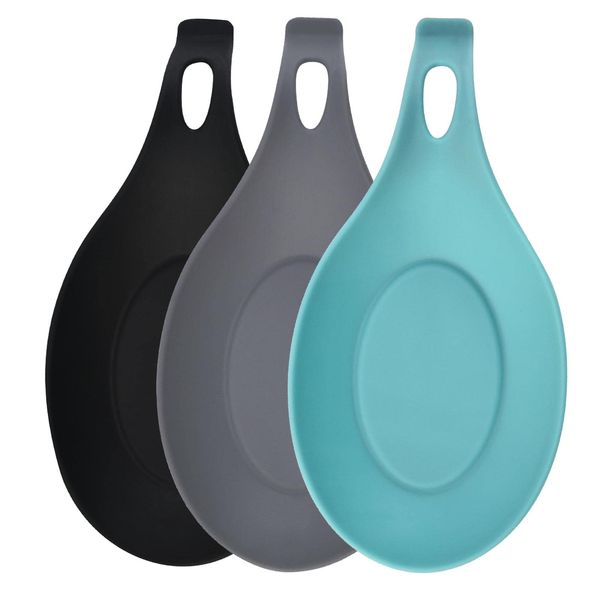 GWAWG Spoon Rest, 3PCS Silicone Holder for Wooden, Iron Spoons, Kitchenware, Non-Slip Design, Blue, Grey, Black