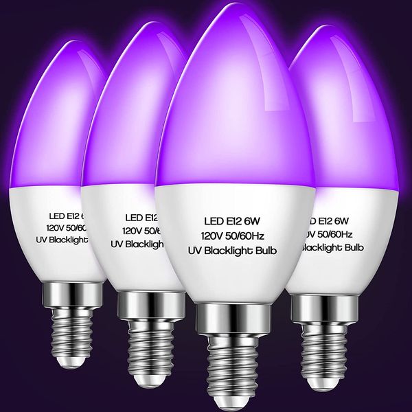 4 Pieces LED Black Light Bulb 6W E12 Base Blacklight Candle Bulb Glow in the Dar