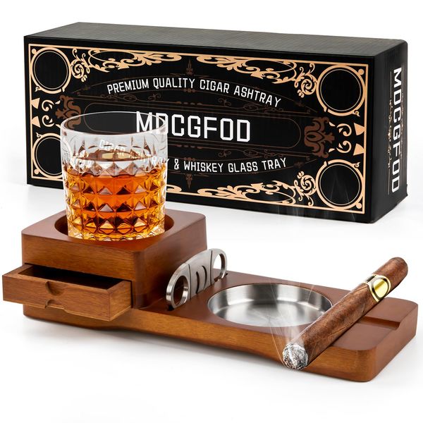 Cigar Ashtray Coaster Whiskey Glass Tray and Cigar Holder Wooden Ash Tray Slot to Hold Cigar Cigar Rest Cigar Cutter Cigar Accessory Set Gift for Men Dad Great Decor for Home