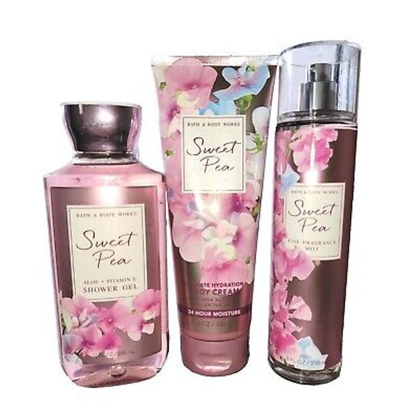 Bath & Body Works Sweet Pea Shower Gel, Body Cream, Mist 3 Pc Set BBW