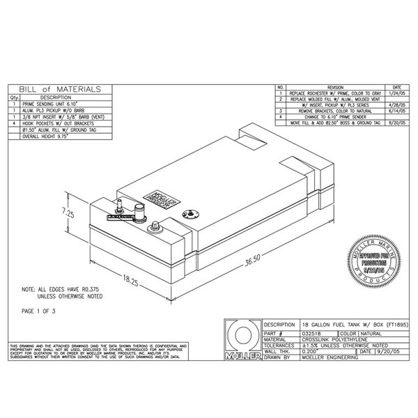 Moeller Marine 032518, Below Deck Permanent Fuel Tank, 17 Gallon - 36.50 in. L x 18.25 in. W x 10.00 in. H, One