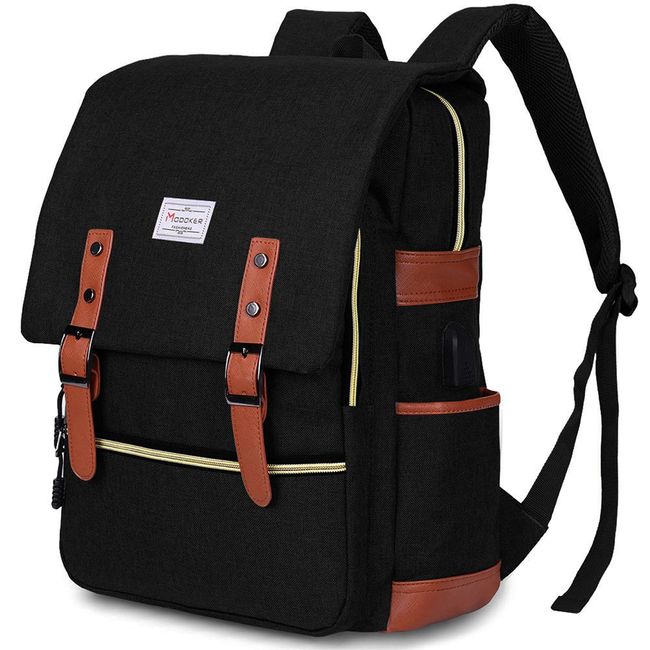 Modoker Vintage Laptop Backpack for Women Men,School College Backpack with USB Charging Port Fashion Backpack Fits 15.6Inch Notebook, Black