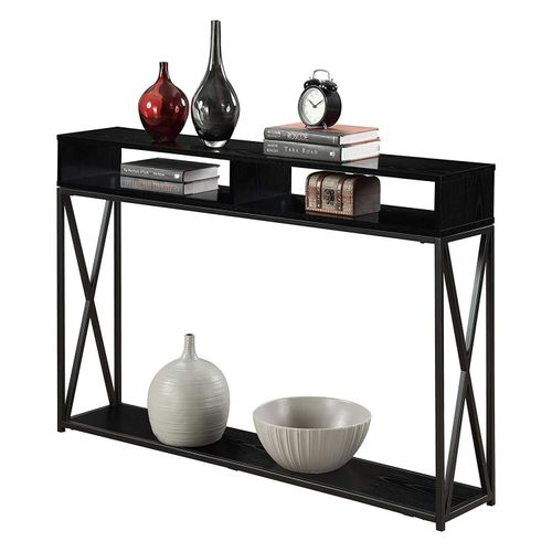 HomeStock Old World Charm 2-Tier Console Table, 47.25-in x 9-in x 30.5-in, Black Finish, Open Shelving, Powder-Coated Metal Frame, Sleek & Functional Entryway Table