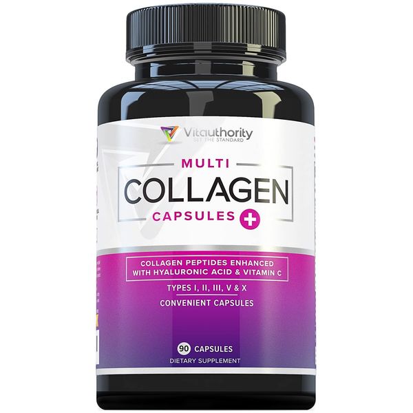 Vitauthority Multi Collagen Pills for Women and Men High Absorption Hydrolyzed Collagen Peptides Capsules for Hair Skin and Nails with Types I II III V X Hyaluronic Acid and Vitamin C - 30 Servings