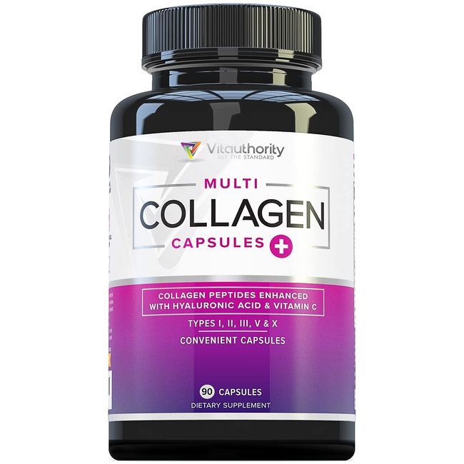 Vitauthority Multi Collagen Pills for Women and Men High Absorption Hydrolyzed Collagen Peptides Capsules for Hair Skin and Nails with Types I II III V X Hyaluronic Acid and Vitamin C - 30 Servings