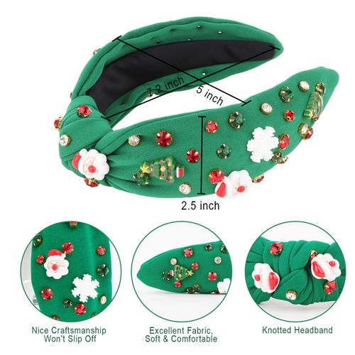 CAVETEE Christmas Headband for Women, Green Christmas Tree Hair Band Wide Knotted Headband with Pearl Rhinestone Christmas Decorations Hair Accessories Womens Gifts for Christmas