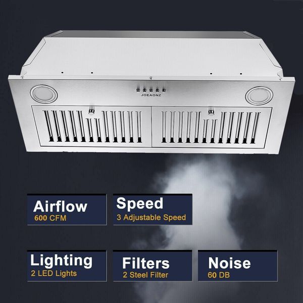 30in Built-In/Insert Range Hood Kitchen Stove 3-Speed 600CFM Button Control New