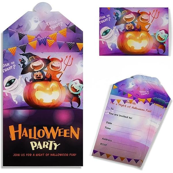 Yiran 16 Pack Halloween Spooky Party Invitations - Purple Orange Black Envelopes Style, Witch Devil Bats Pumpkin Trick or Treat Join a Halloween Party Fun, Kids Halloween Theme for Party Invitations