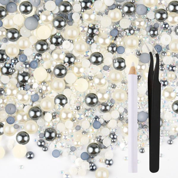 ASTARON 50g Mix Flatback Rhinestones Half Pearls for Crafts Mixed Size 3mm-10mm Flat Back Rhinestones for Crafts Flatback Pearls for Decorating Tumblers Mugs Nail Art Shoes (Silver Gray，White)