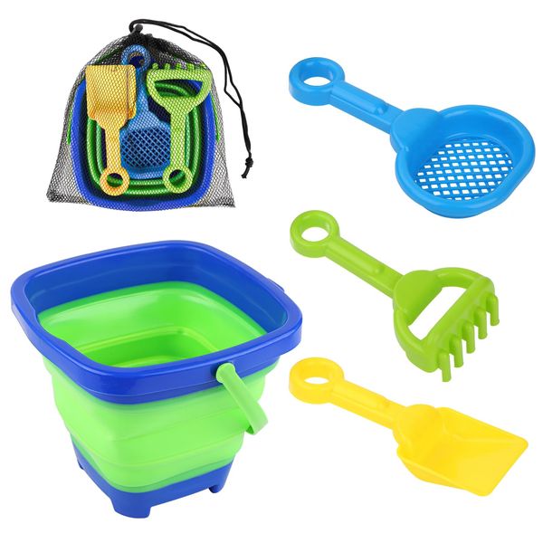 Beach Toys Set, Collapsible Bucket with 3 Shovel Sand Toys & Mesh Bag Foldable Pail Bucket Beach Set for Toddler Kid Boy and Girl Sandbox Castle Building Kit Travel Beach Party Favor Summer Activities